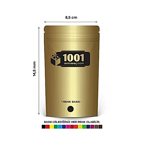 8,5X14,5 Cm 1 Baskılı Gold ( Altın ) Renkli Tek Taraf Tek Renk Doypack Torba 50 Gr /20/