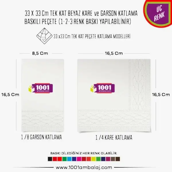 Baskılı Peçete 33X33 Cm 1-2-3 Renk Baskılı Tek Kat Beyaz Kare Ve Garson Katlama Peçete