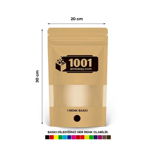 20X30 Cm 1 Baskılı Kraft Renkli Pencereli Tek Taraf Tek Renk Doypack Torba 1000 Gr /42/